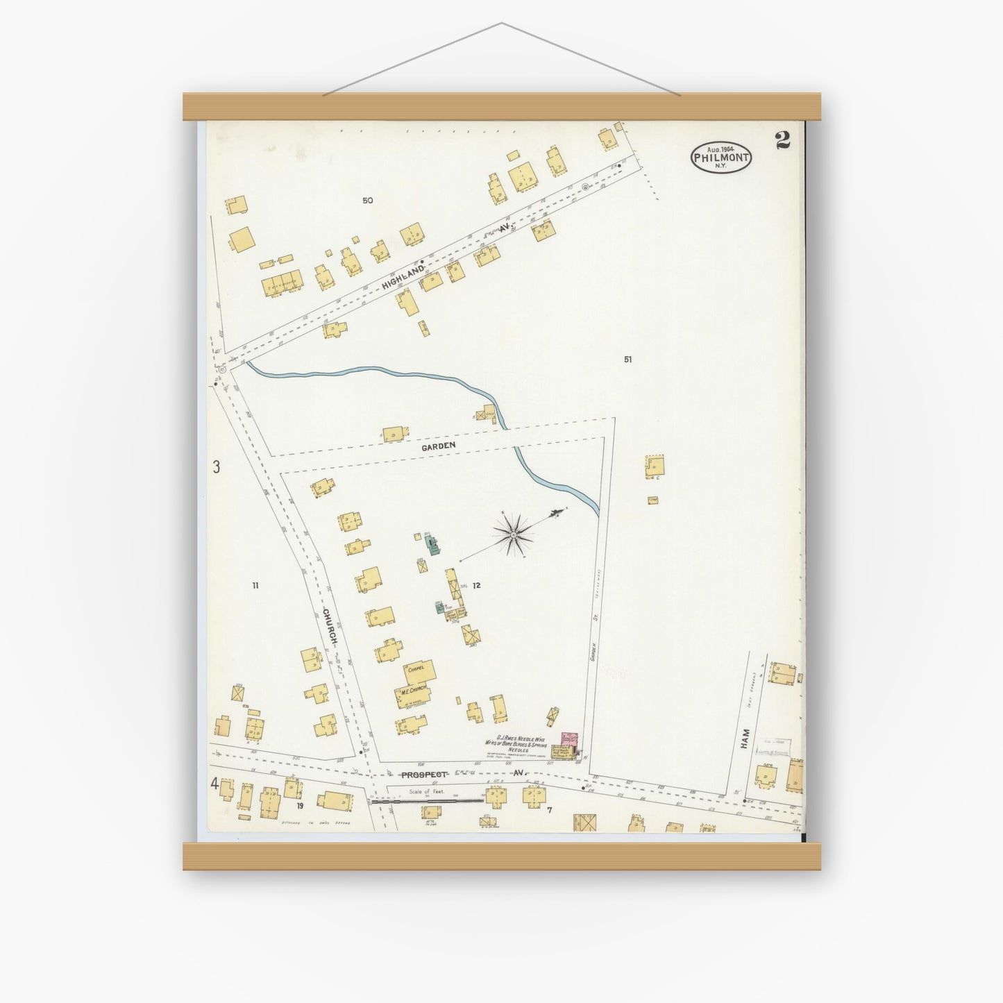 Old map wall art mockup — magnetic wood frame on white wall — Sanborn Fire Insurance Map from Philmont, Columbia County, New York (1904), Sheet #0002