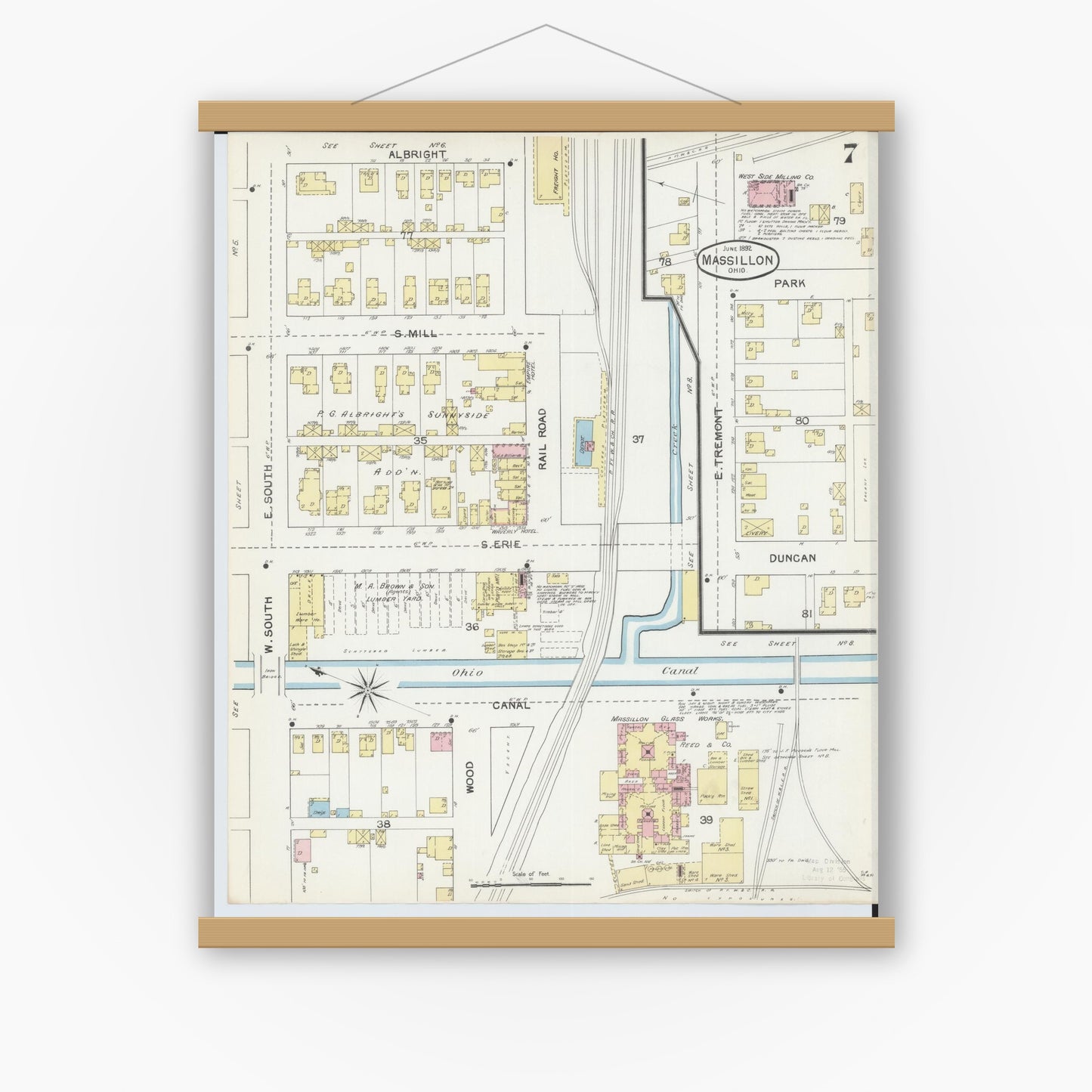 Old map wall art mockup — magnetic wood frame on white wall — Sanborn Fire Insurance Map from Massillon, Stark County, Ohio (1892), Sheet #0007