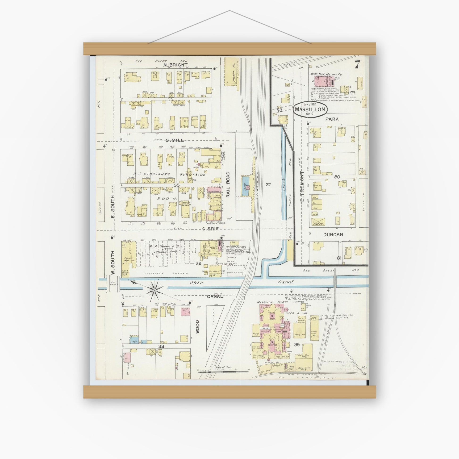 Old map wall art mockup — magnetic wood frame on white wall — Sanborn Fire Insurance Map from Massillon, Stark County, Ohio (1892), Sheet #0007