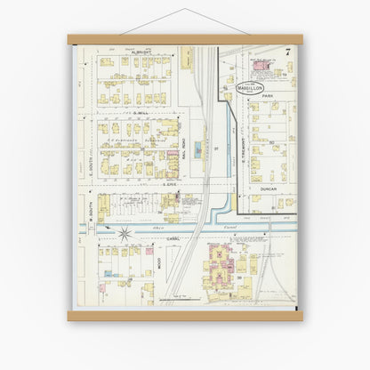 Old map wall art mockup — magnetic wood frame on white wall — Sanborn Fire Insurance Map from Massillon, Stark County, Ohio (1892), Sheet #0007