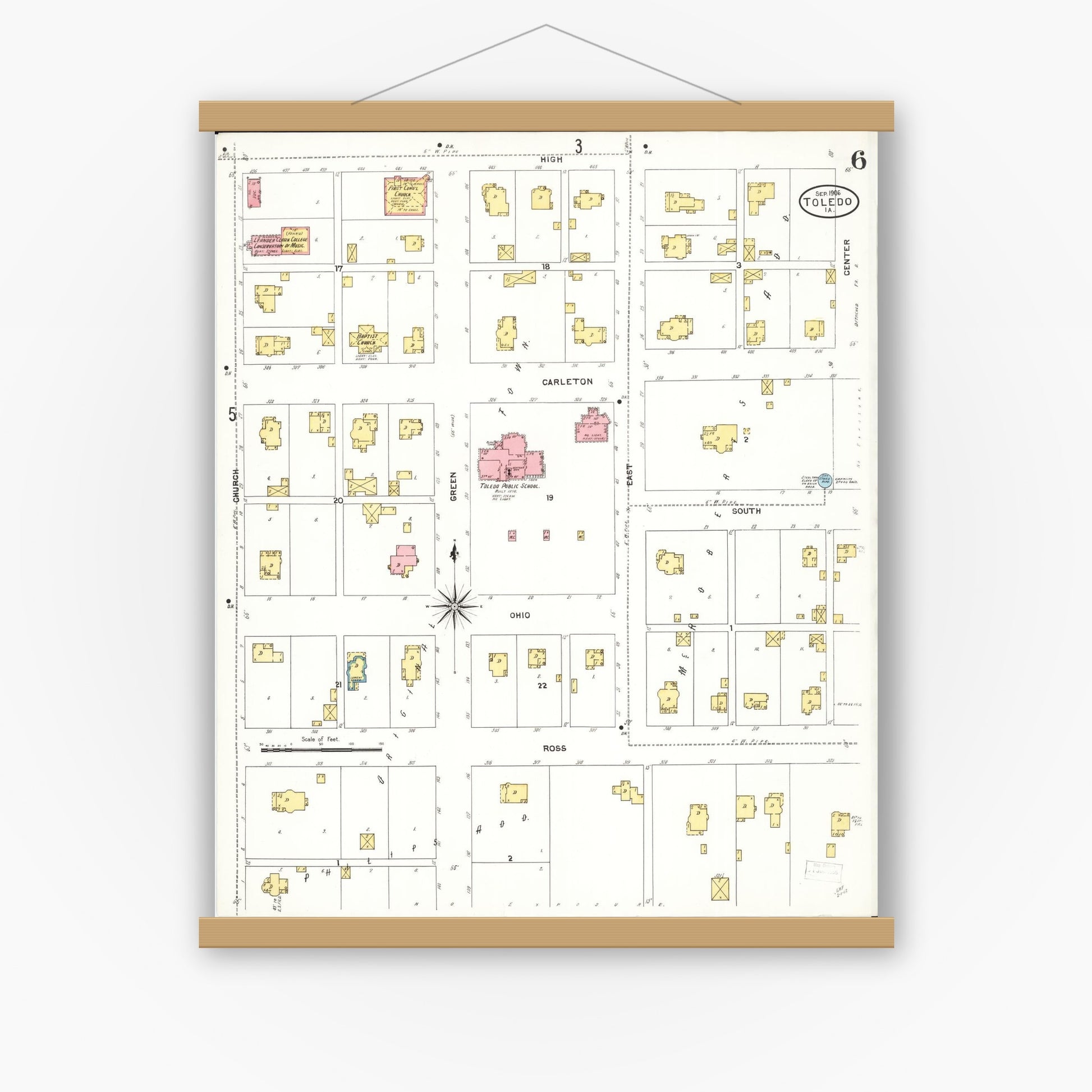 Old map wall art mockup — magnetic wood frame on white wall — Sanborn Fire Insurance Map from Toledo, Tama County, Iowa (1906), Sheet #0006