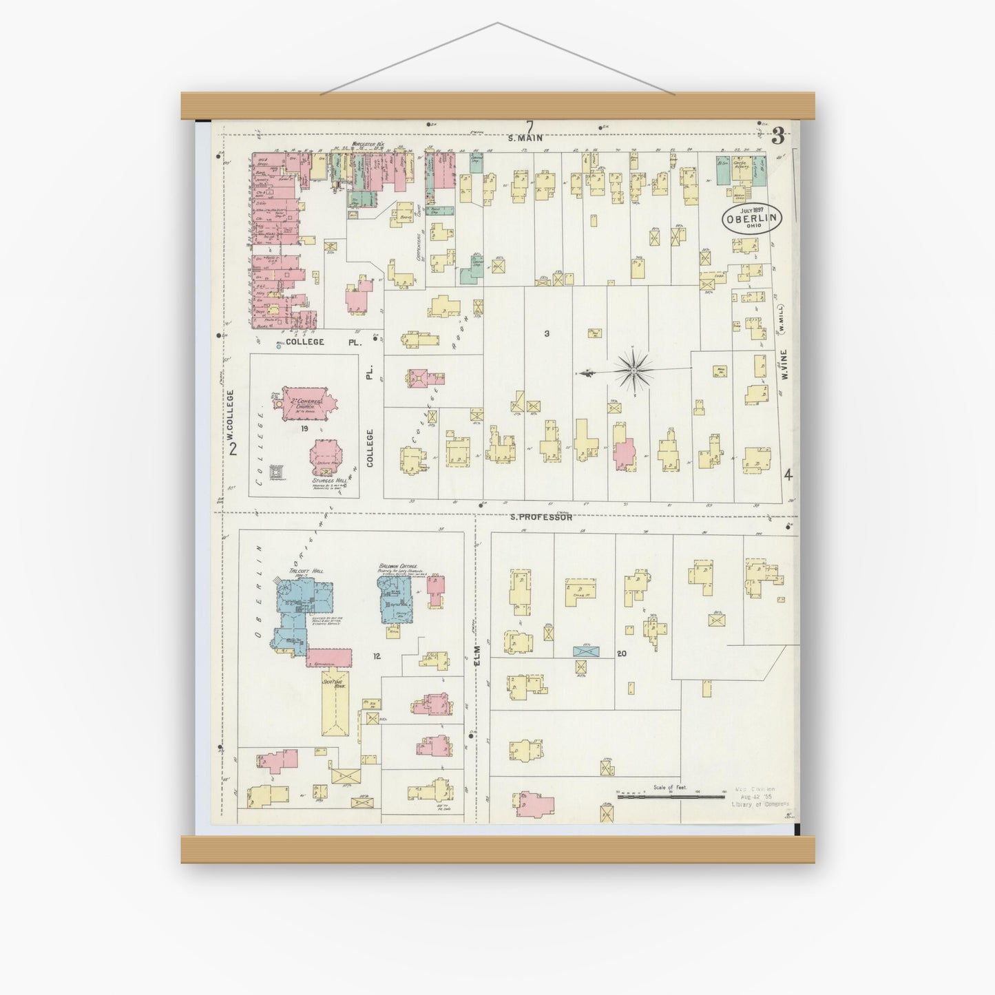 Old map wall art mockup — magnetic wood frame on white wall — Sanborn Fire Insurance Map from Oberlin, Lorain County, Ohio (1897), Sheet #0003