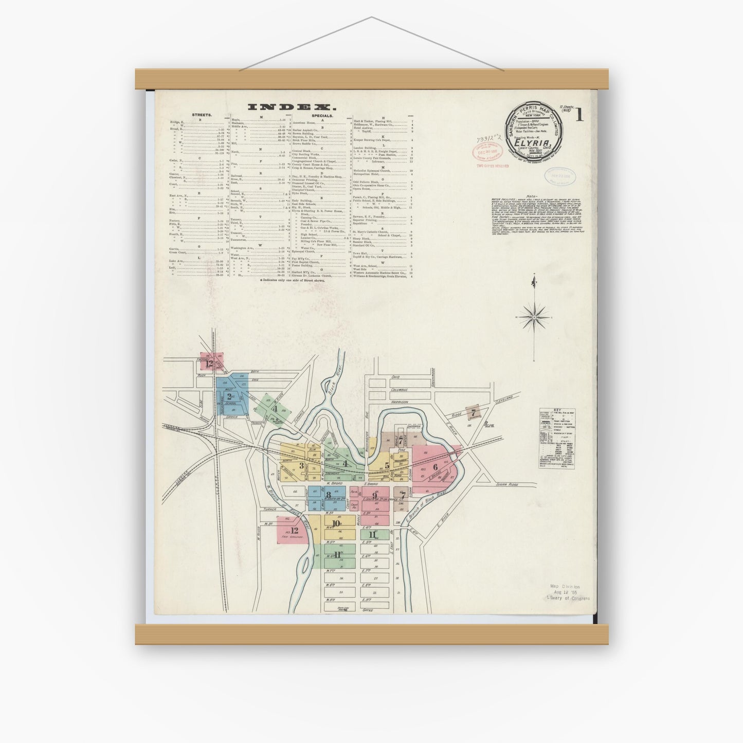 Old map wall art mockup — magnetic wood frame on white wall — Sanborn Fire Insurance Map from Elyria, Lorain County, Ohio (1897), Sheet #0001