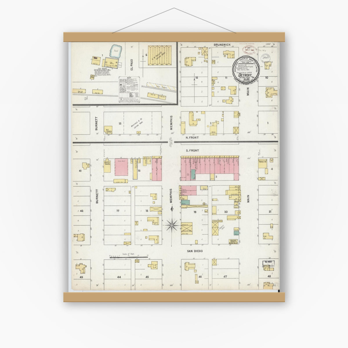Old map wall art mockup — magnetic wood frame on white wall — Sanborn Fire Insurance Map from Detroit, Red River County, Texas (1899), Sheet #0001