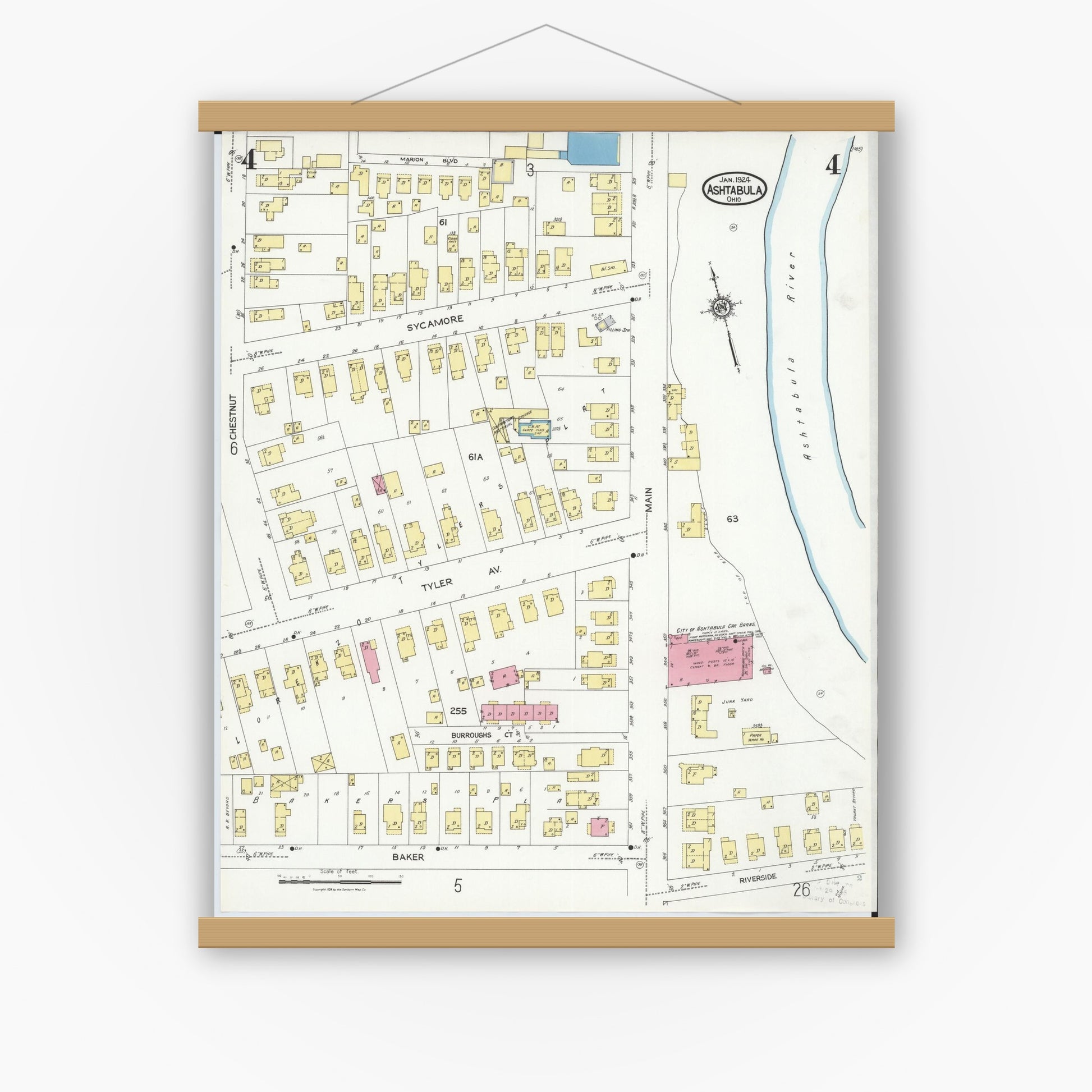 Old map wall art mockup — magnetic wood frame on white wall — Sanborn Fire Insurance Map from Ashtabula, Ashtabula County, Ohio (1924), Sheet #0004