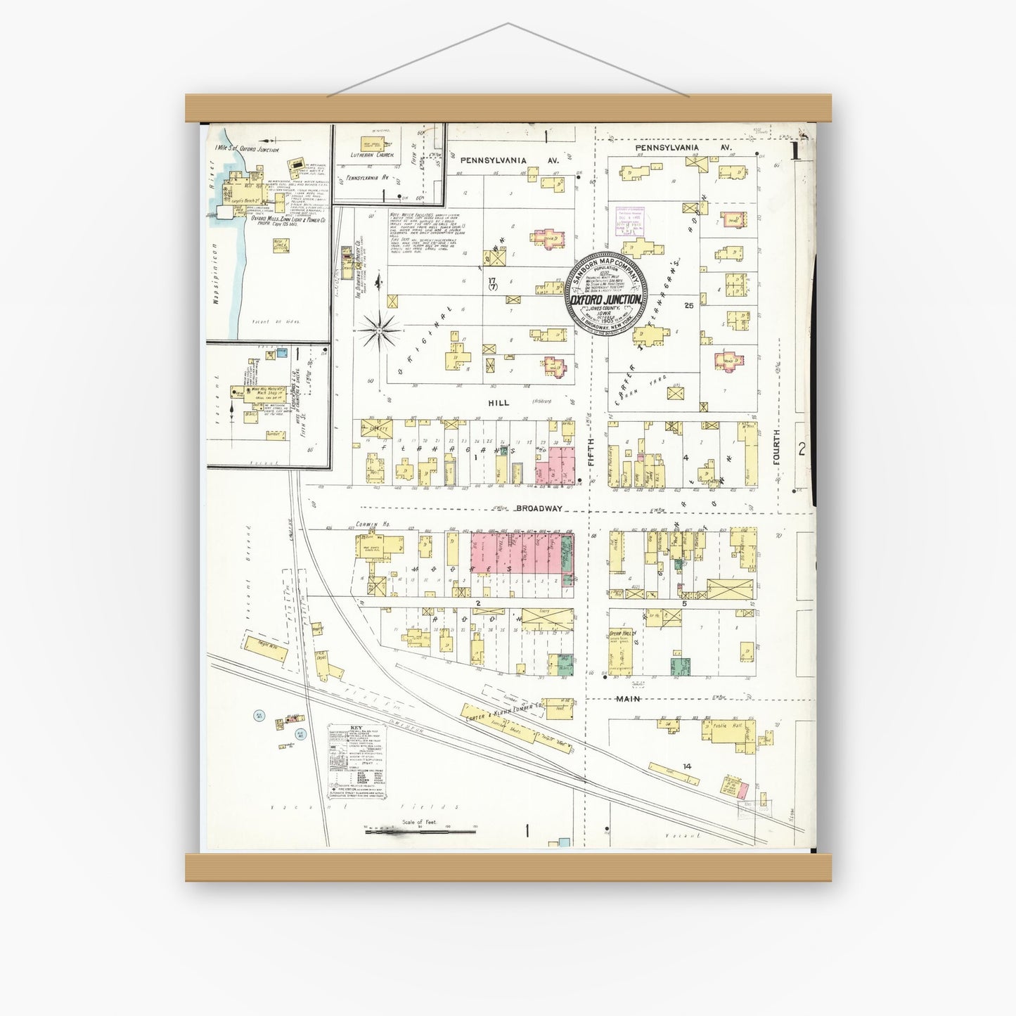 Old map wall art mockup — magnetic wood frame on white wall — Sanborn Fire Insurance Map from Oxford Junction, Jones County, Iowa (1905), Sheet #0001