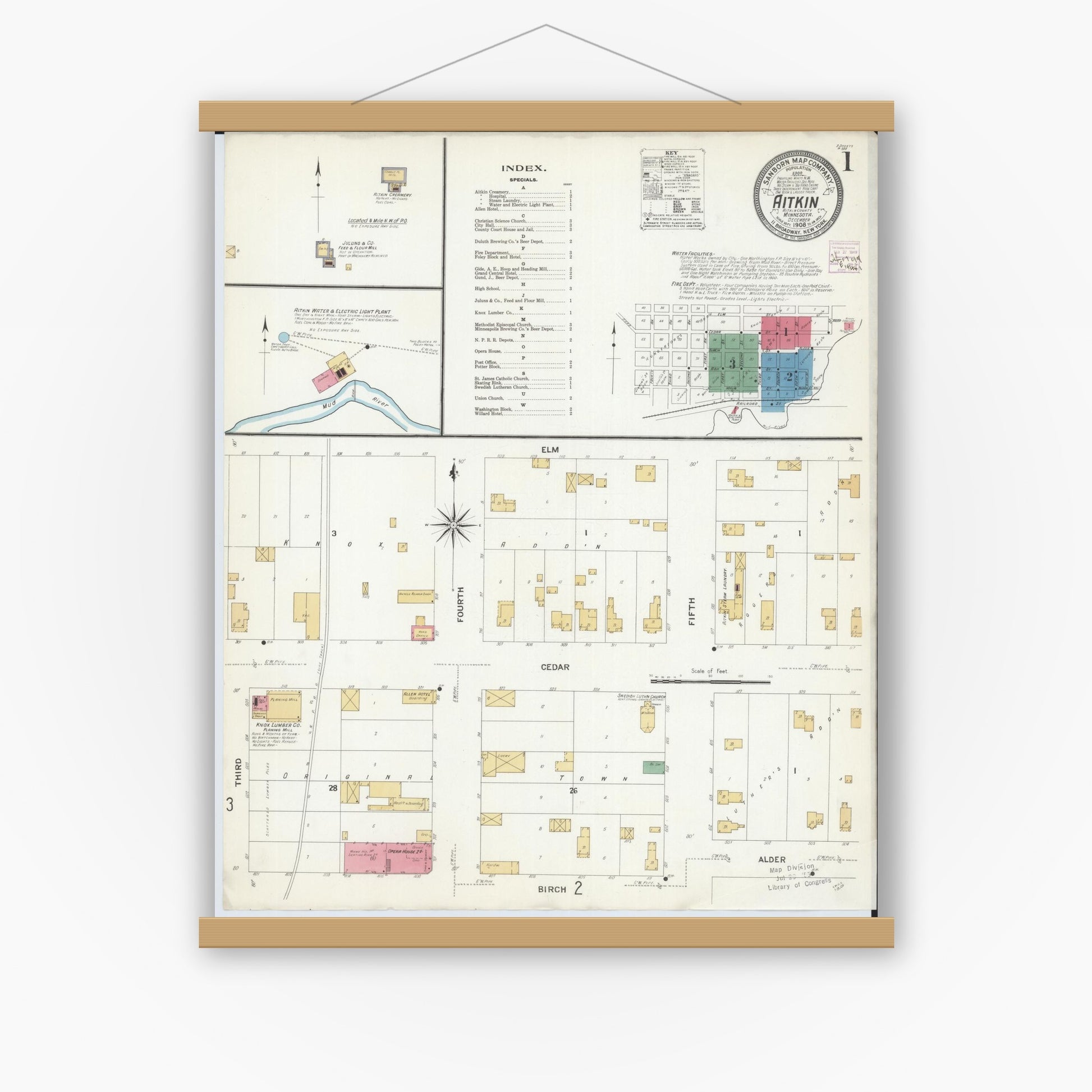 Old map wall art mockup — magnetic wood frame on white wall — Sanborn Fire Insurance Map from Aitkin, Aitkin County, Minnesota (1908) - Complete Map Set