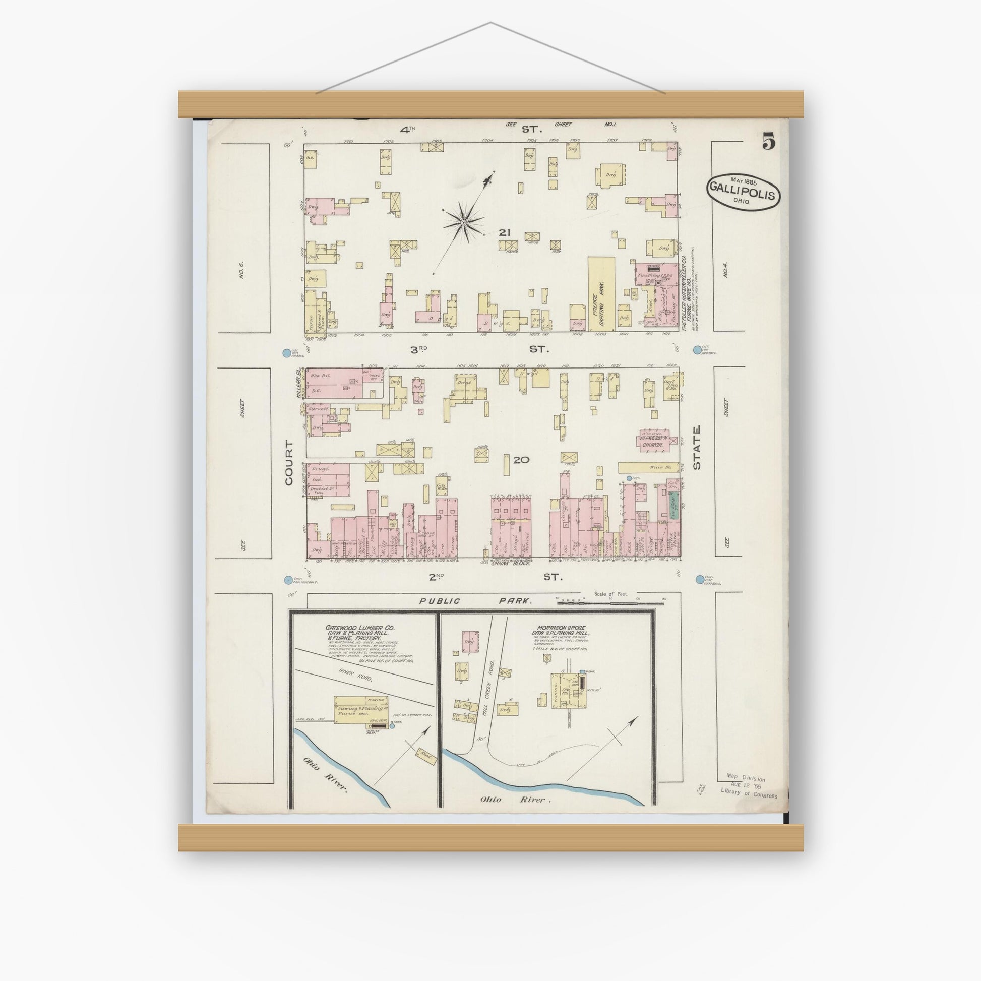 Old map wall art mockup — magnetic wood frame on white wall — Sanborn Fire Insurance Map from Gallipolis, Gallia County, Ohio (1885), Sheet #0005
