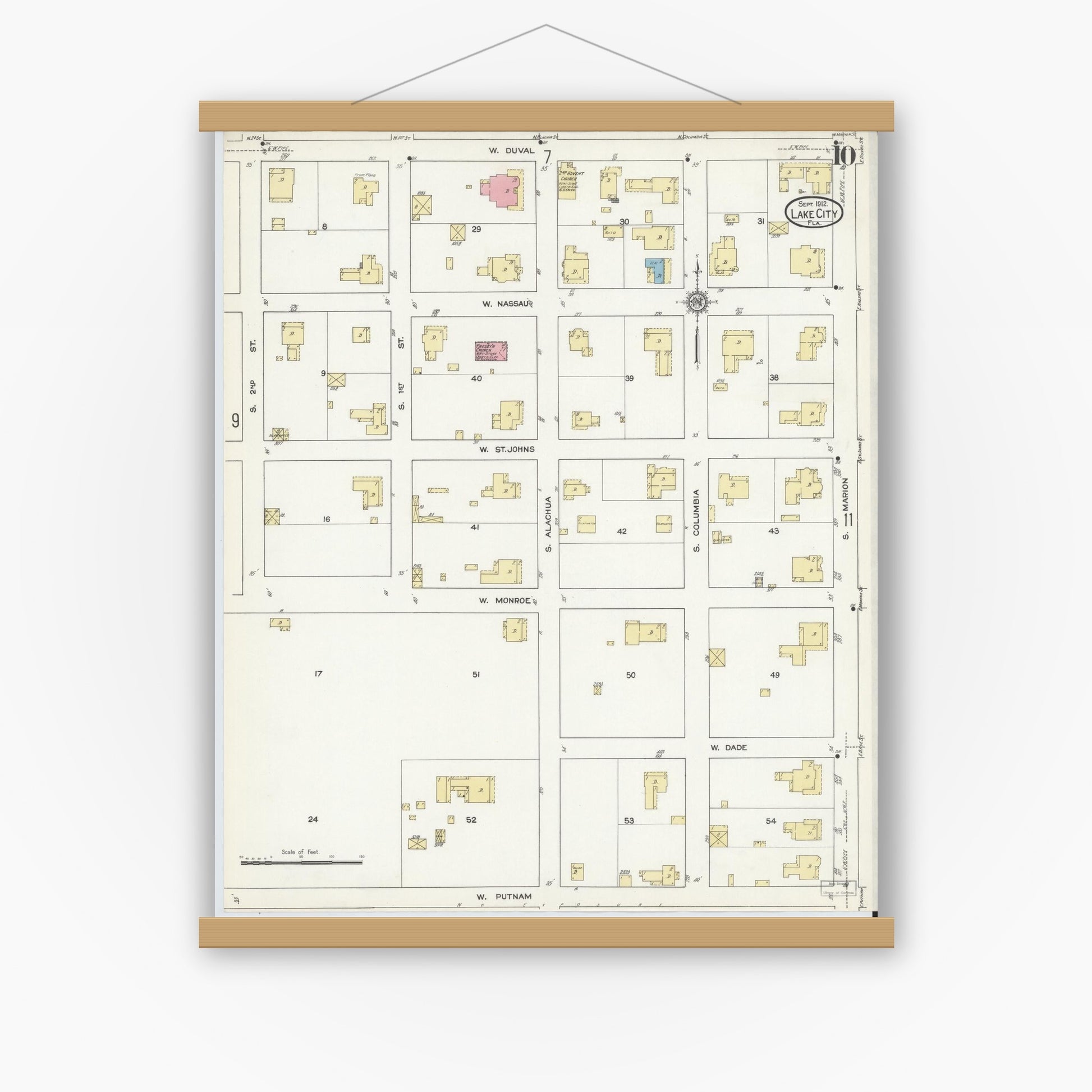 Old map wall art mockup — magnetic wood frame on white wall — Sanborn Fire Insurance Map from Lake City, Columbia County, Florida (1912), Sheet #0010