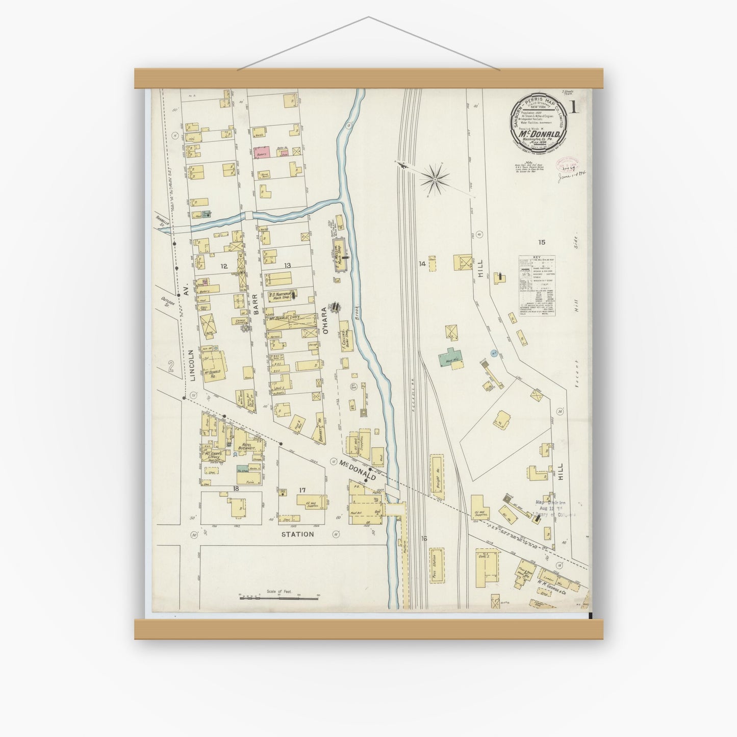 Old map wall art mockup — magnetic wood frame on white wall — Sanborn Fire Insurance Map from McDonald, Washington County, Pennsylvania (1894) - Complete Map Set