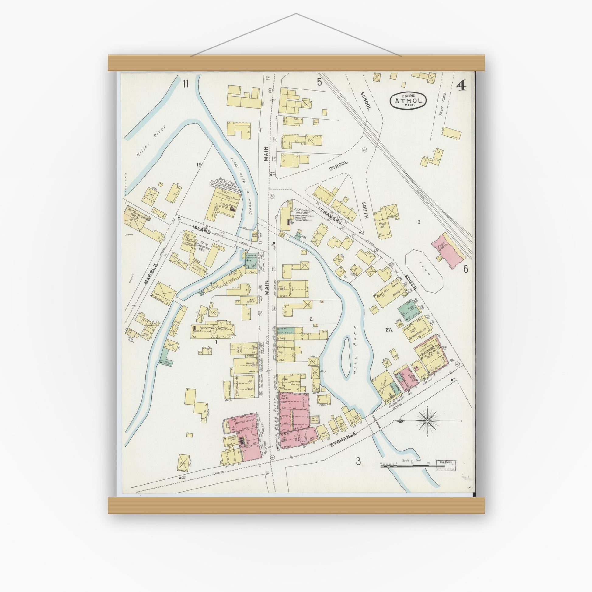 Old map wall art mockup — magnetic wood frame on white wall — Sanborn Fire Insurance Map from Athol, Worcester County, Massachusetts (1896), Sheet #0004