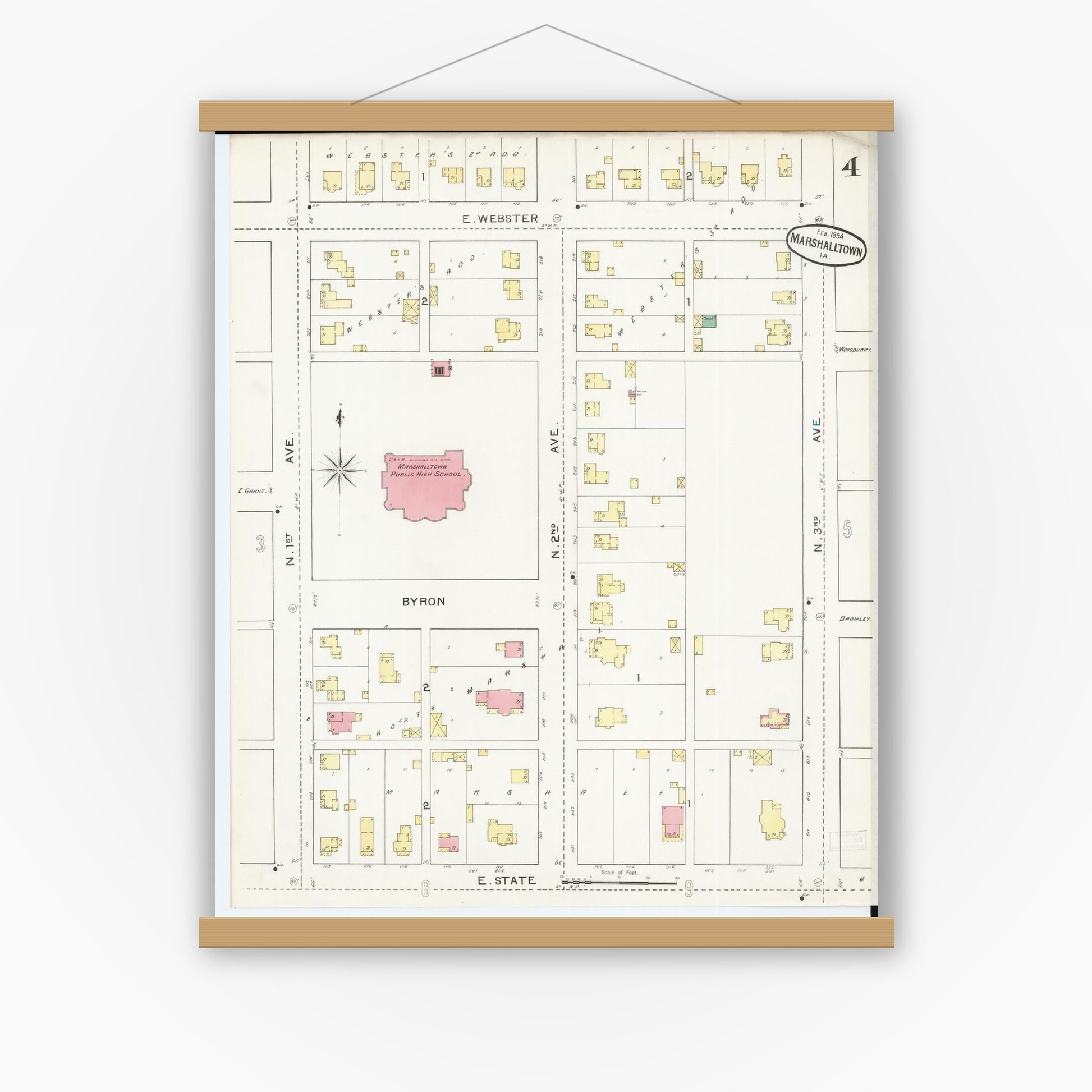 Old map wall art mockup — magnetic wood frame on white wall — Sanborn Fire Insurance Map from Marshalltown, Marshall County, Iowa (1894), Sheet #0004