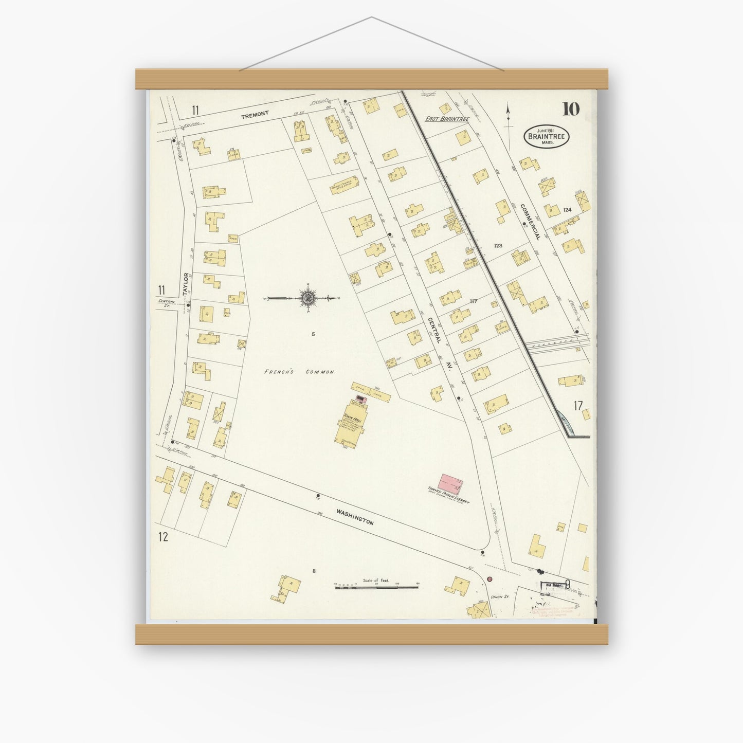 Old map wall art mockup — magnetic wood frame on white wall — Sanborn Fire Insurance Map from Braintree, Norfolk County, Massachusetts (1911), Sheet #0010