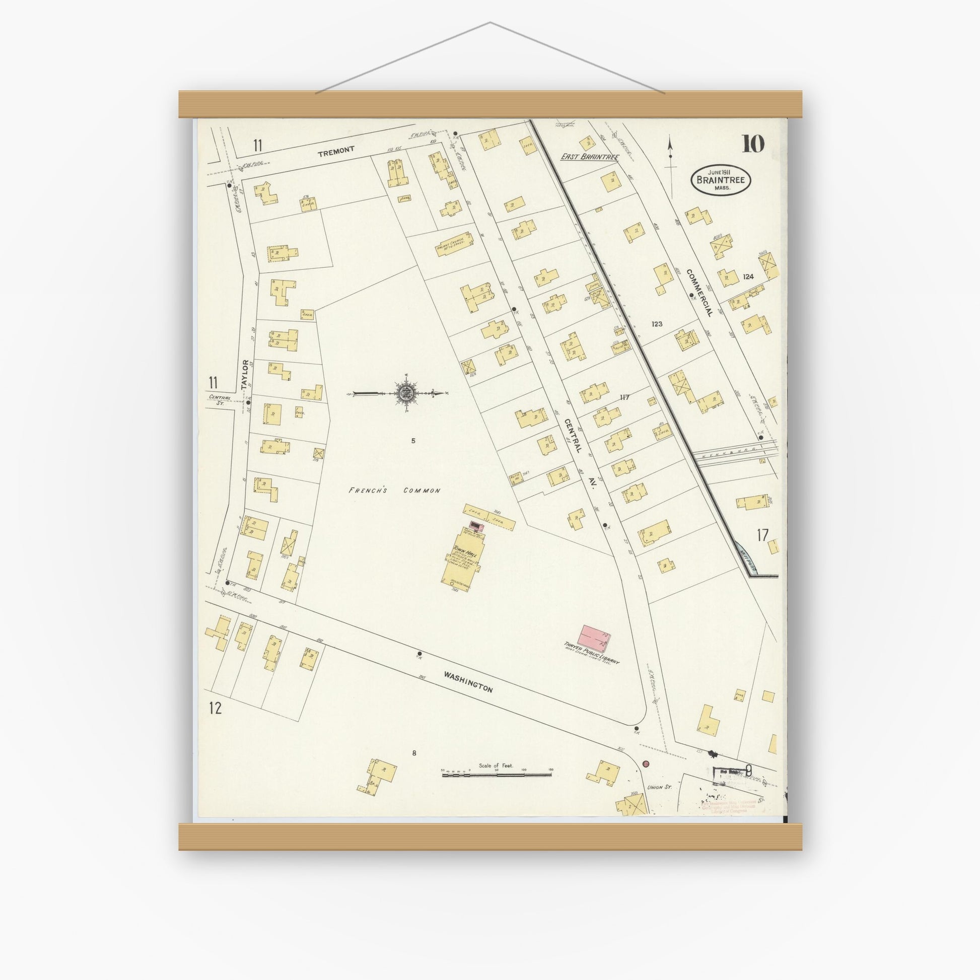 Old map wall art mockup — magnetic wood frame on white wall — Sanborn Fire Insurance Map from Braintree, Norfolk County, Massachusetts (1911), Sheet #0010