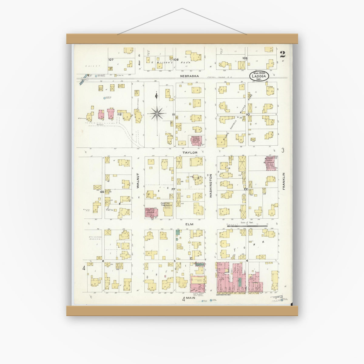 Old map wall art mockup — magnetic wood frame on white wall — Sanborn Fire Insurance Map from Ladoga, Montgomery County, Indiana (1908), Sheet #0002