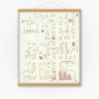 Old map wall art mockup — magnetic wood frame on white wall — Sanborn Fire Insurance Map from Ladoga, Montgomery County, Indiana (1908), Sheet #0002