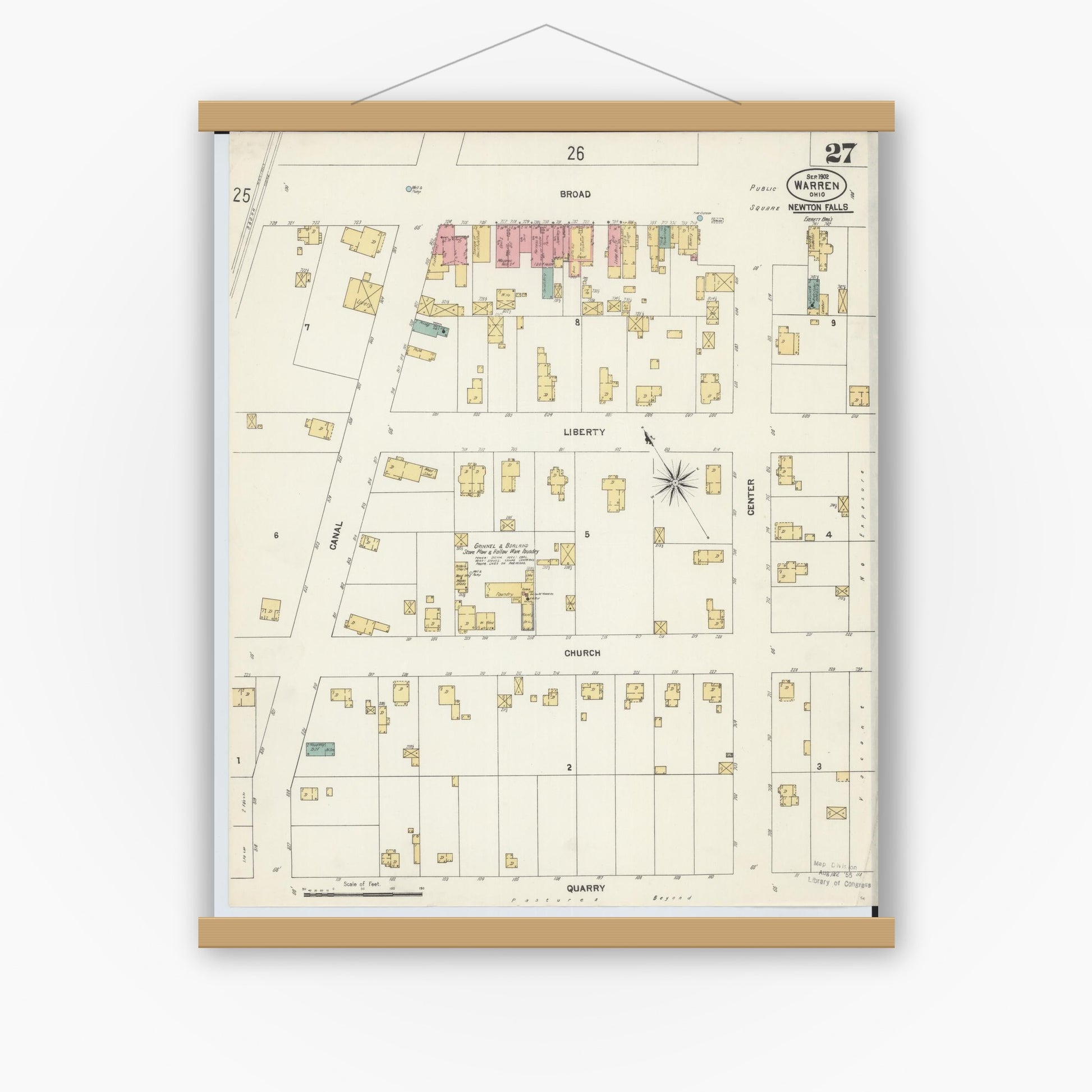Old map wall art mockup — magnetic wood frame on white wall — Sanborn Fire Insurance Map from Warren, Trumbull County, Ohio (1902), Sheet #0027