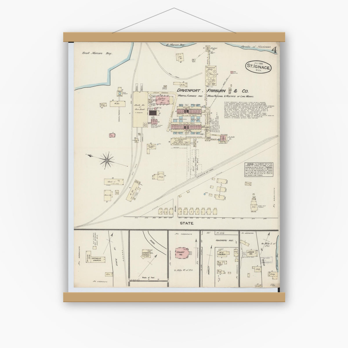 Old map wall art mockup — magnetic wood frame on white wall — Sanborn Fire Insurance Map from Saint Ignace, Mackinac County, Michigan (1884), Sheet #0004
