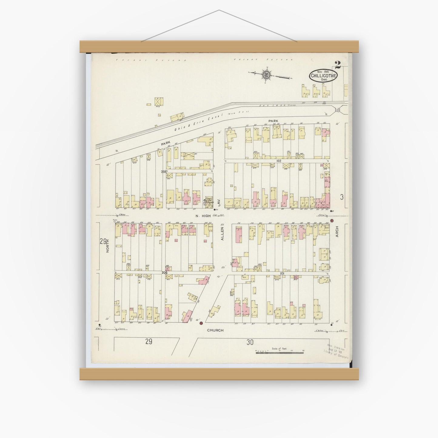 Old map wall art mockup — magnetic wood frame on white wall — Sanborn Fire Insurance Map from Chillicothe, Ross County, Ohio (1914), Sheet #0002