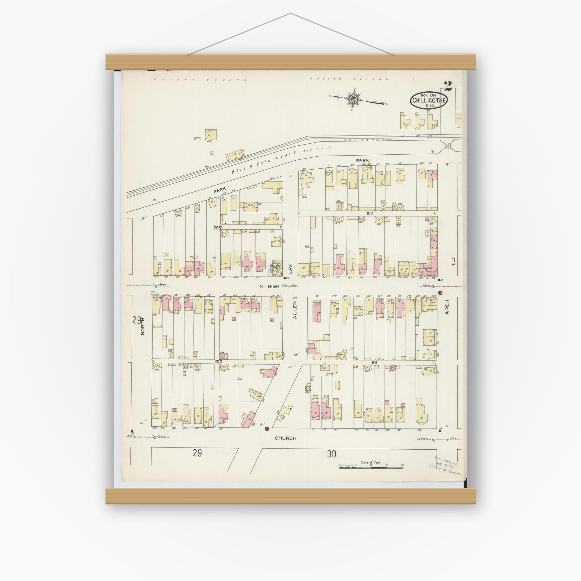 Old map wall art mockup — magnetic wood frame on white wall — Sanborn Fire Insurance Map from Chillicothe, Ross County, Ohio (1914), Sheet #0002