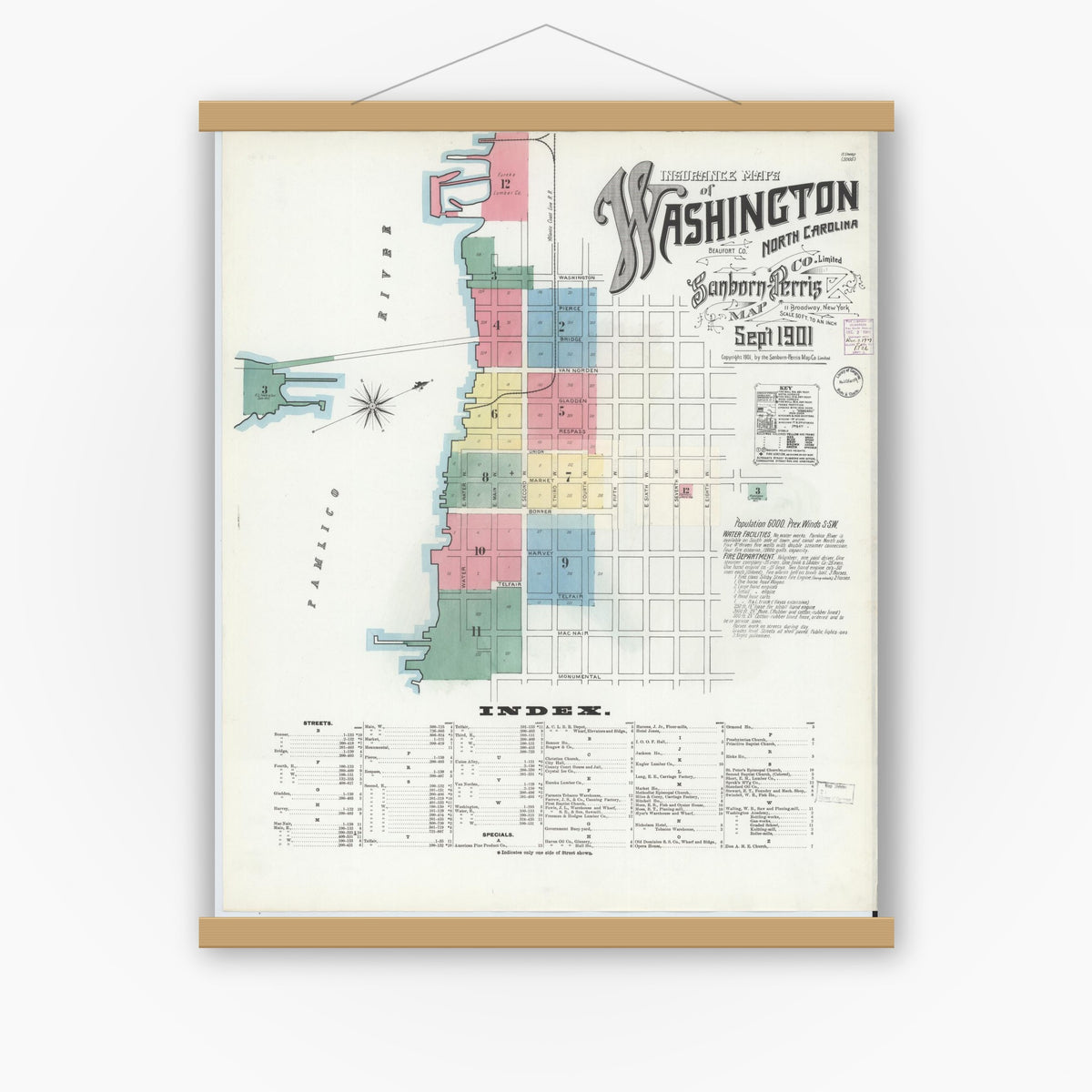 Old map wall art mockup — magnetic wood frame on white wall — Sanborn Fire Insurance Map from Washington, Beaufort County, North Carolina (1901), Sheet #0001
