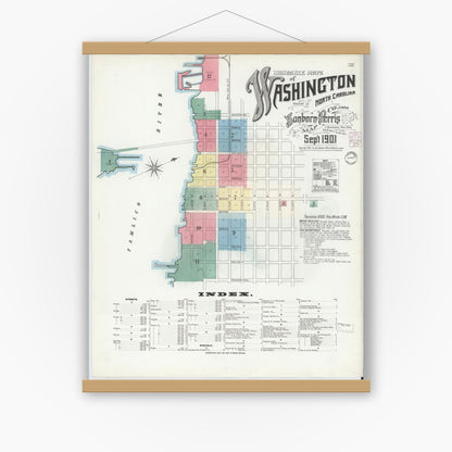 Old map wall art mockup — magnetic wood frame on white wall — Sanborn Fire Insurance Map from Washington, Beaufort County, North Carolina (1901), Sheet #0001
