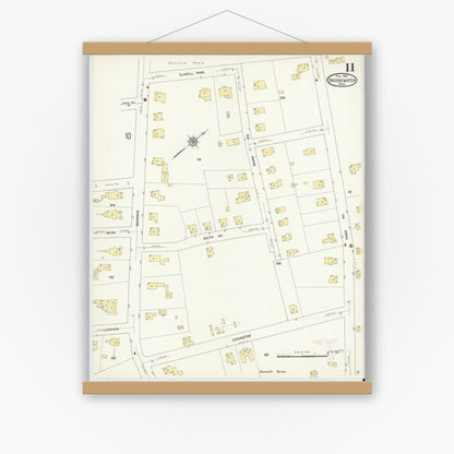 Old map wall art mockup — magnetic wood frame on white wall — Sanborn Fire Insurance Map from Bridgewater, Plymouth County, Massachusetts (1912), Sheet #0011