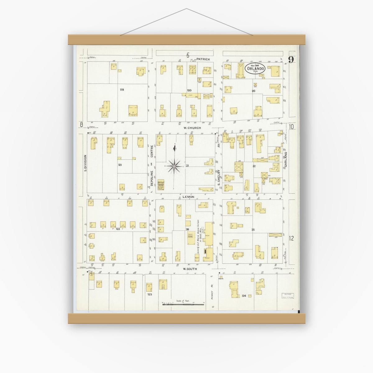 Old map wall art mockup — magnetic wood frame on white wall — Sanborn Fire Insurance Map from Orlando, Orange County, Florida (1908), Sheet #0009