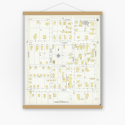 Old map wall art mockup — magnetic wood frame on white wall — Sanborn Fire Insurance Map from Orlando, Orange County, Florida (1908), Sheet #0009