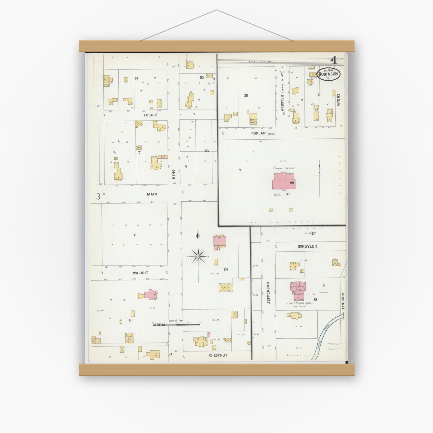 Old map wall art mockup — magnetic wood frame on white wall — Sanborn Fire Insurance Map from Robinson, Crawford County, Illinois (1899), Sheet #0004