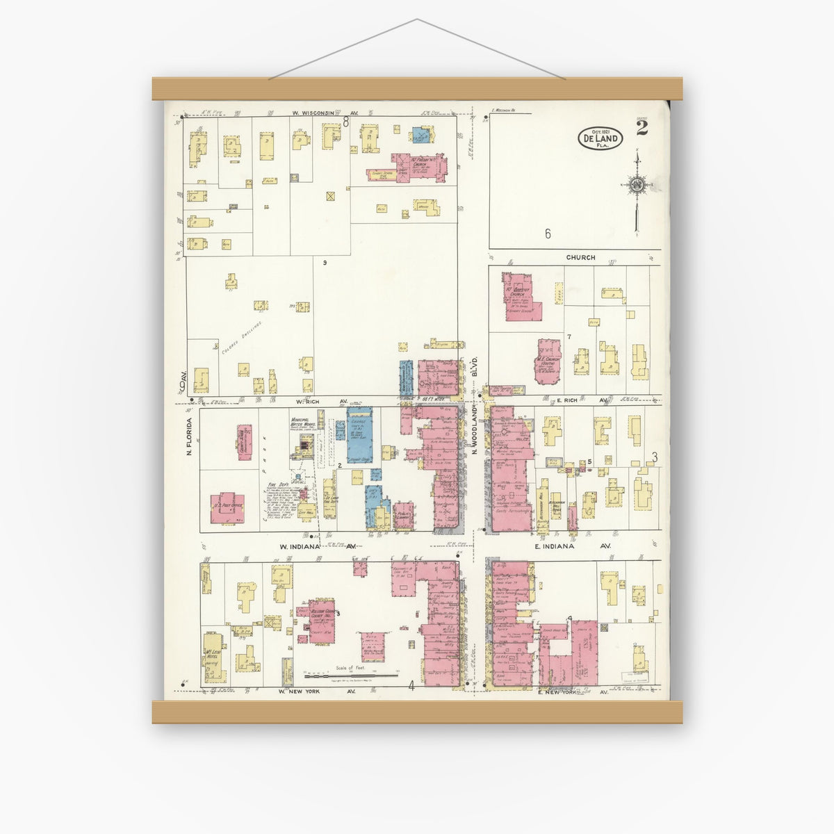 Old map wall art mockup — magnetic wood frame on white wall — Sanborn Fire Insurance Map from De Land, Volusia County, Florida (1921), Sheet #0002