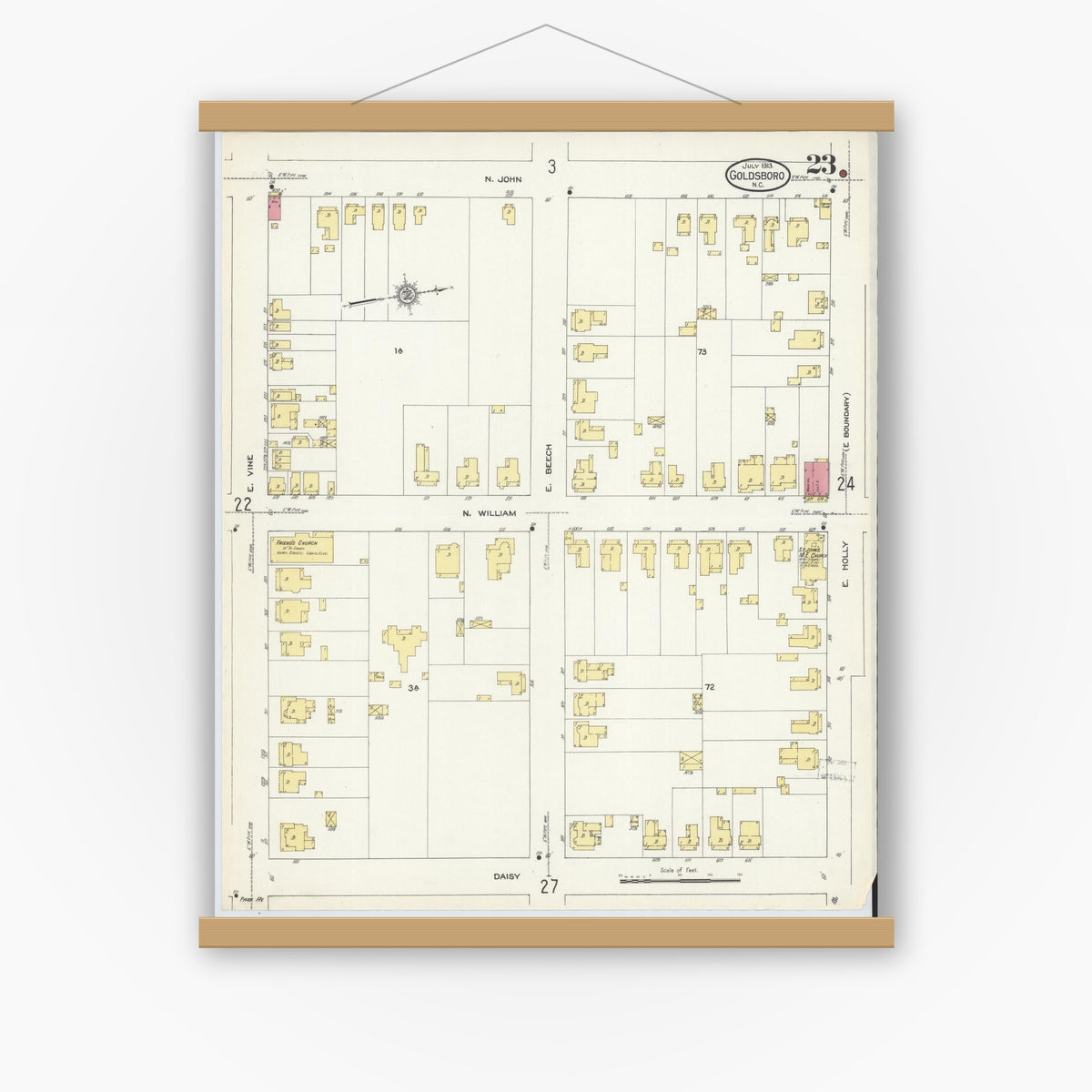 Old map wall art mockup — magnetic wood frame on white wall — Sanborn Fire Insurance Map from Goldsboro, Wayne County, North Carolina (1913), Sheet #0023