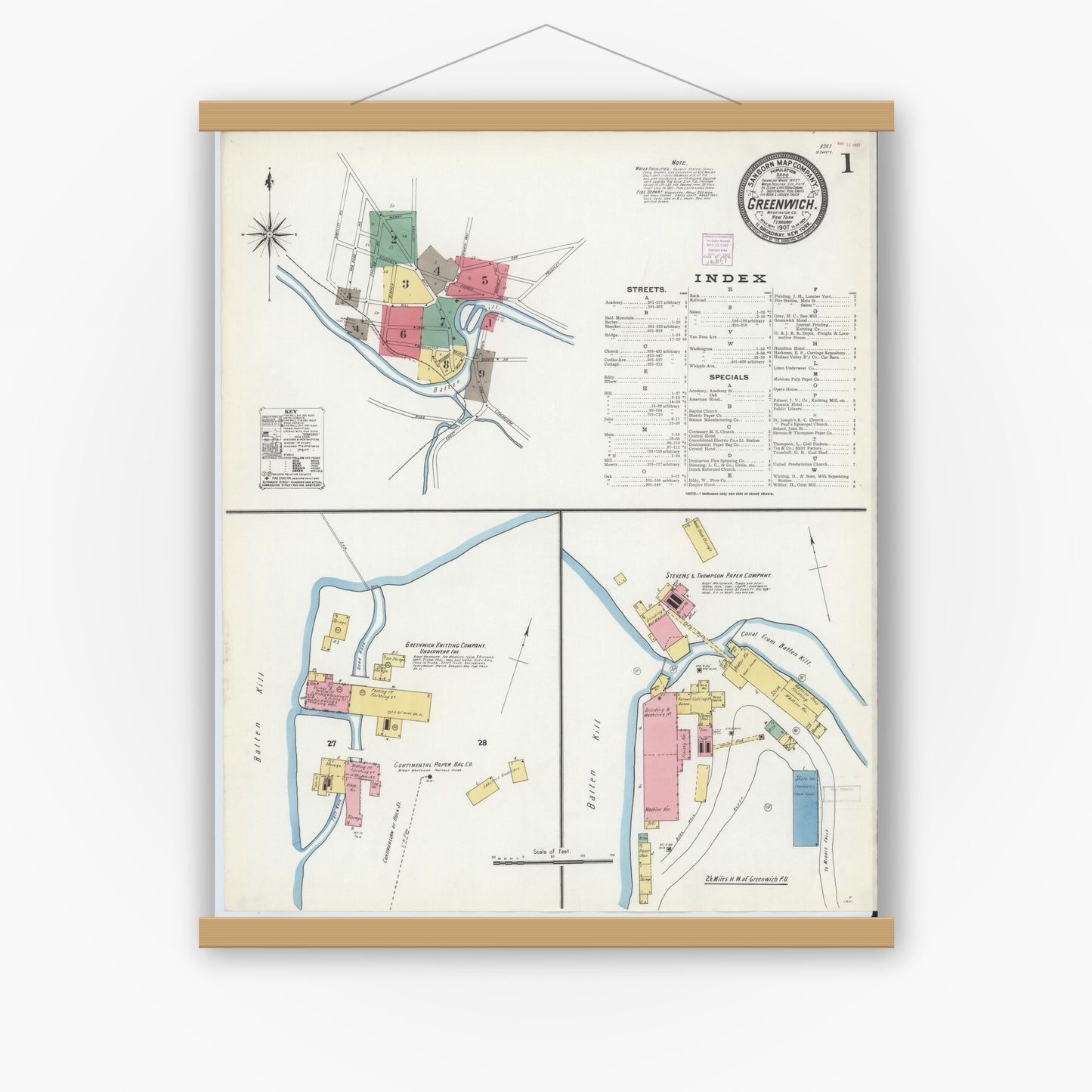 Old map wall art mockup — magnetic wood frame on white wall — Sanborn Fire Insurance Map from Greenwich, Washington County, New York (1907) - Complete Map Set