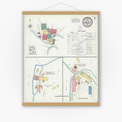 Old map wall art mockup — magnetic wood frame on white wall — Sanborn Fire Insurance Map from Greenwich, Washington County, New York (1907) - Complete Map Set