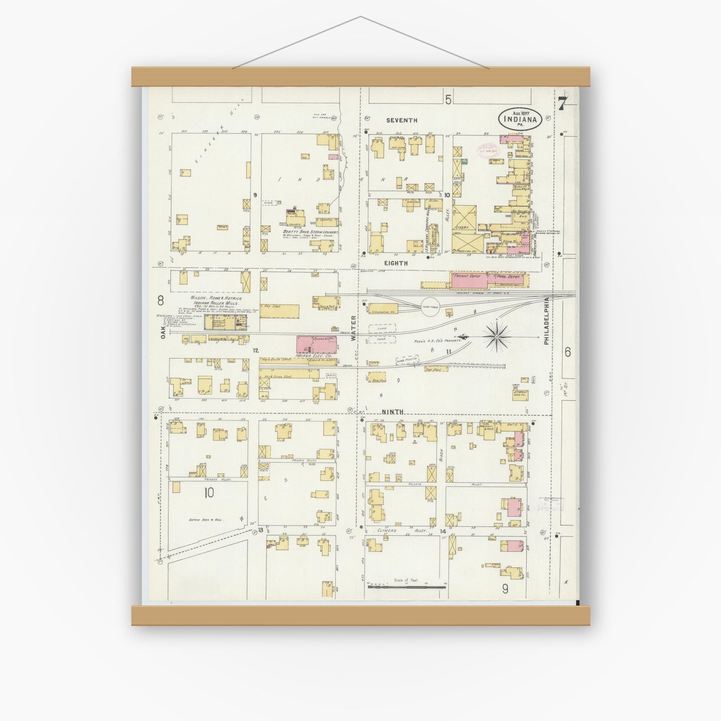 Old map wall art mockup — magnetic wood frame on white wall — Sanborn Fire Insurance Map from Indiana, Indiana County, Pennsylvania (1888), Sheet #0007