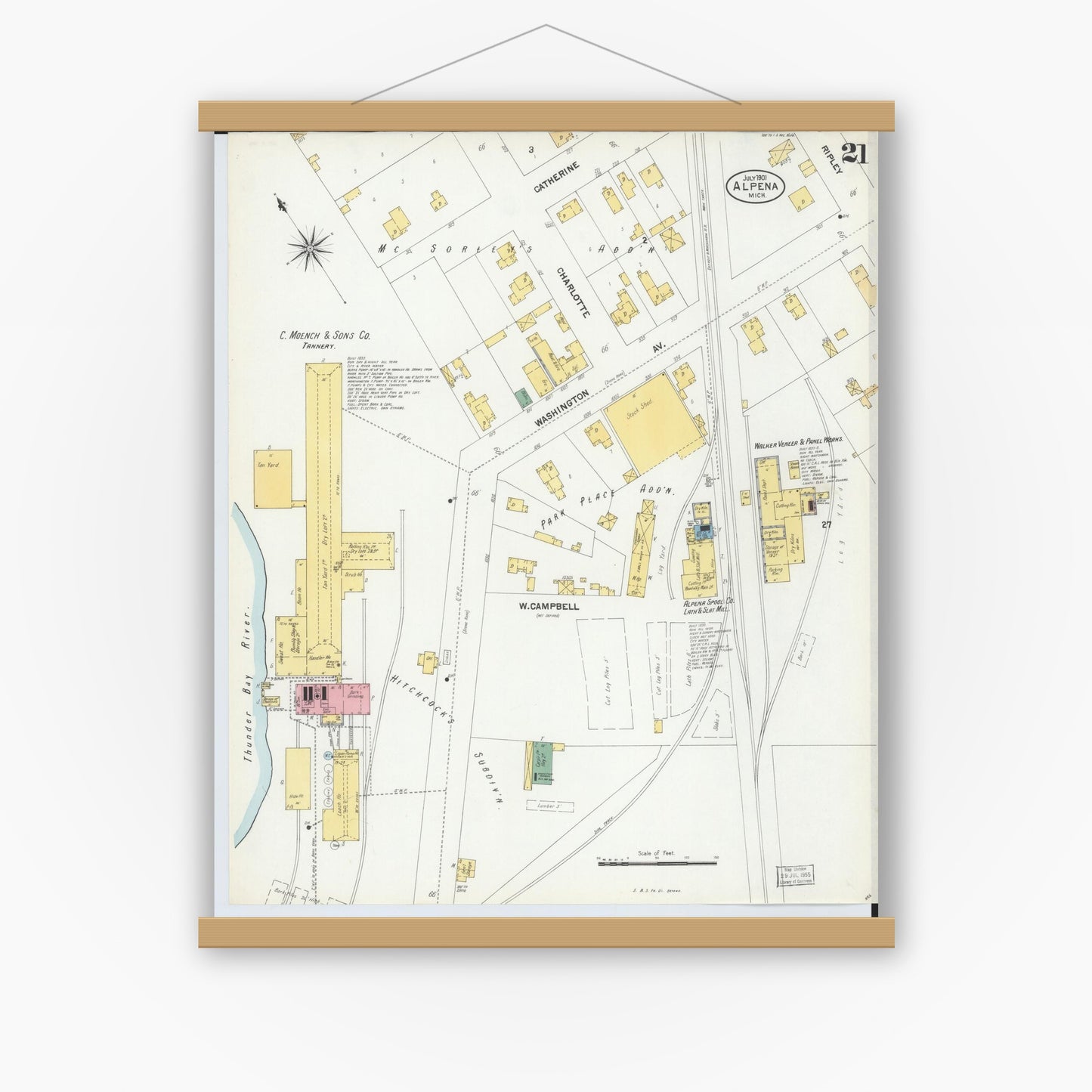 Old map wall art mockup — magnetic wood frame on white wall — Sanborn Fire Insurance Map from Alpena, Alpena County, Michigan (1901), Sheet #0021