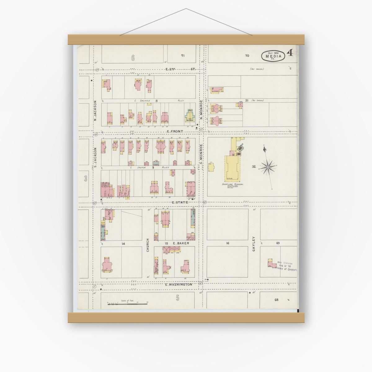 Old map wall art mockup — magnetic wood frame on white wall — Sanborn Fire Insurance Map from Media, Delaware County, Pennsylvania (1894), Sheet #0004