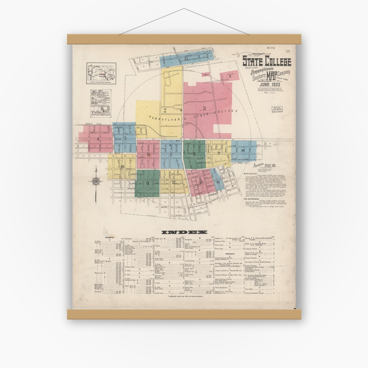 Old map wall art mockup — magnetic wood frame on white wall — Sanborn Fire Insurance Map from State College, Centre County, Pennsylvania (1922) - Complete Map Set