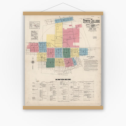 Old map wall art mockup — magnetic wood frame on white wall — Sanborn Fire Insurance Map from State College, Centre County, Pennsylvania (1922) - Complete Map Set