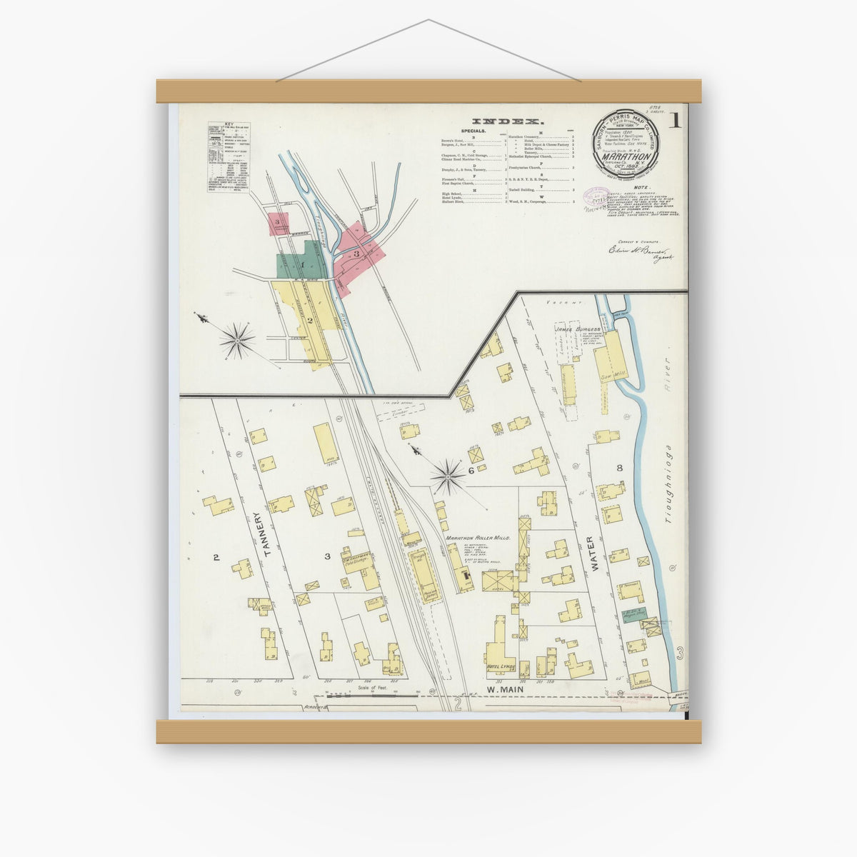 Old map wall art mockup — magnetic wood frame on white wall — Sanborn Fire Insurance Map from Marathon, Cortland County, New York (1893) - Complete Map Set