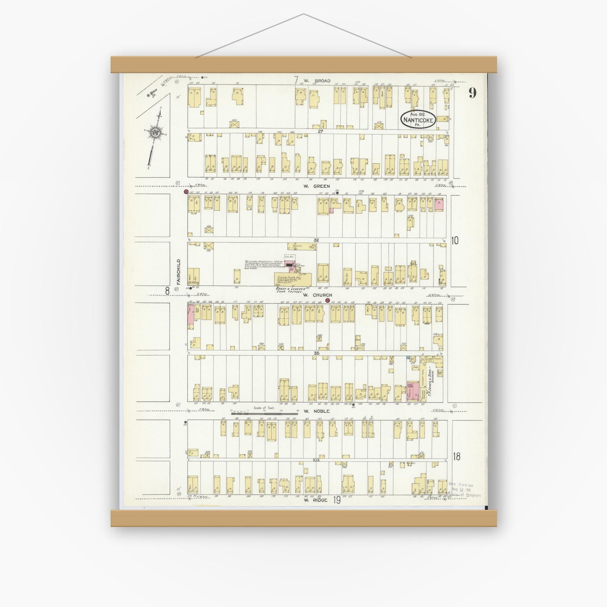 Old map wall art mockup — magnetic wood frame on white wall — Sanborn Fire Insurance Map from Nanticoke, Luzerne County, Pennsylvania (1912), Sheet #0009