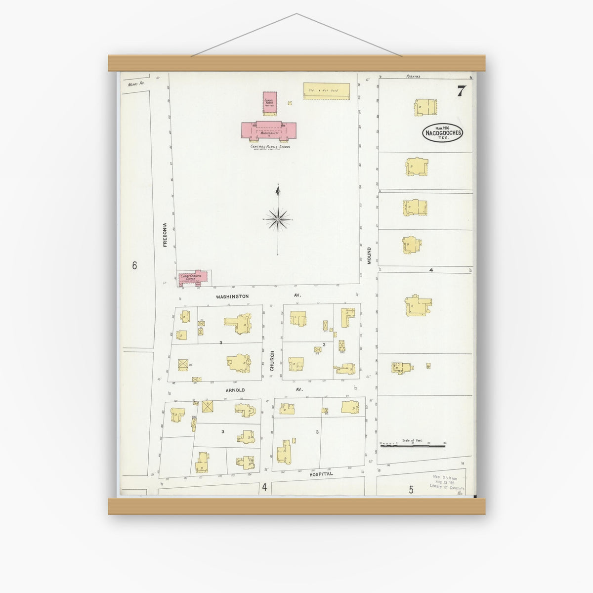 Old map wall art mockup — magnetic wood frame on white wall — Sanborn Fire Insurance Map from Nacogdoches, Nacogdoches County, Texas (1906), Sheet #0007