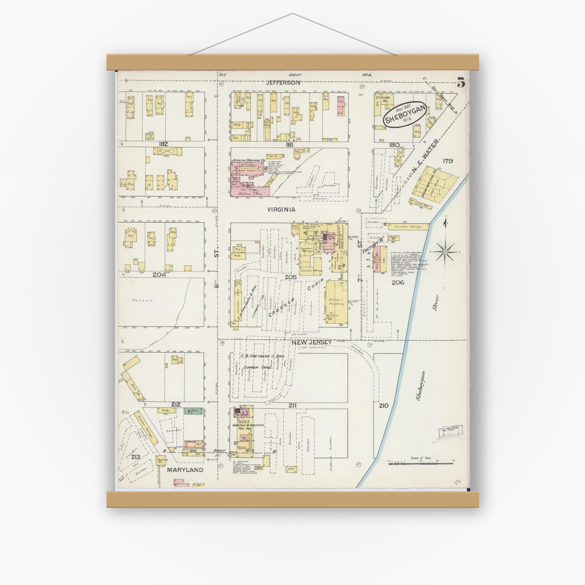 Old map wall art mockup — magnetic wood frame on white wall — Sanborn Fire Insurance Map from Sheboygan, Sheboygan County, Wisconsin (1887), Sheet #0005