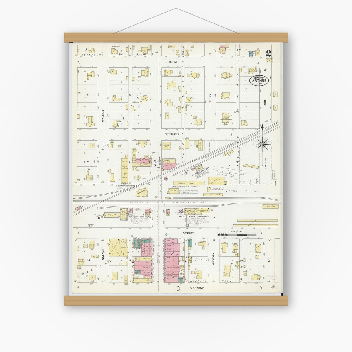 Old map wall art mockup — magnetic wood frame on white wall — Sanborn Fire Insurance Map from Arthur, Moultrie And Douglas Counties, Illinois (1907), Sheet #0002