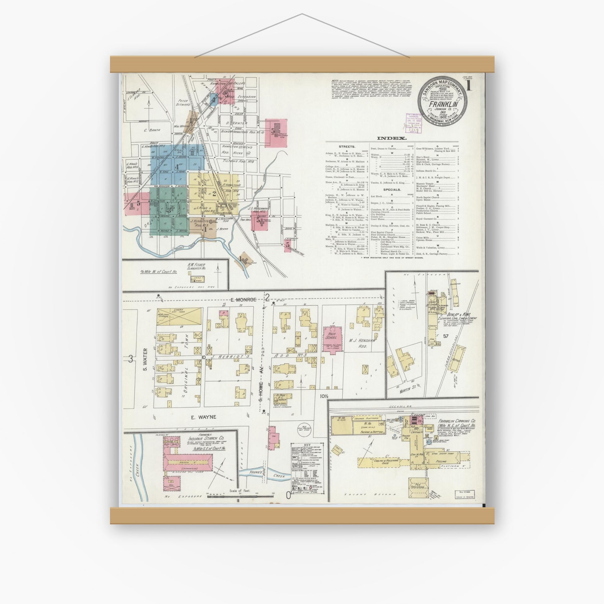 Old map wall art mockup — magnetic wood frame on white wall — Sanborn Fire Insurance Map from Franklin, Johnson County, Indiana (1902) - Complete Map Set