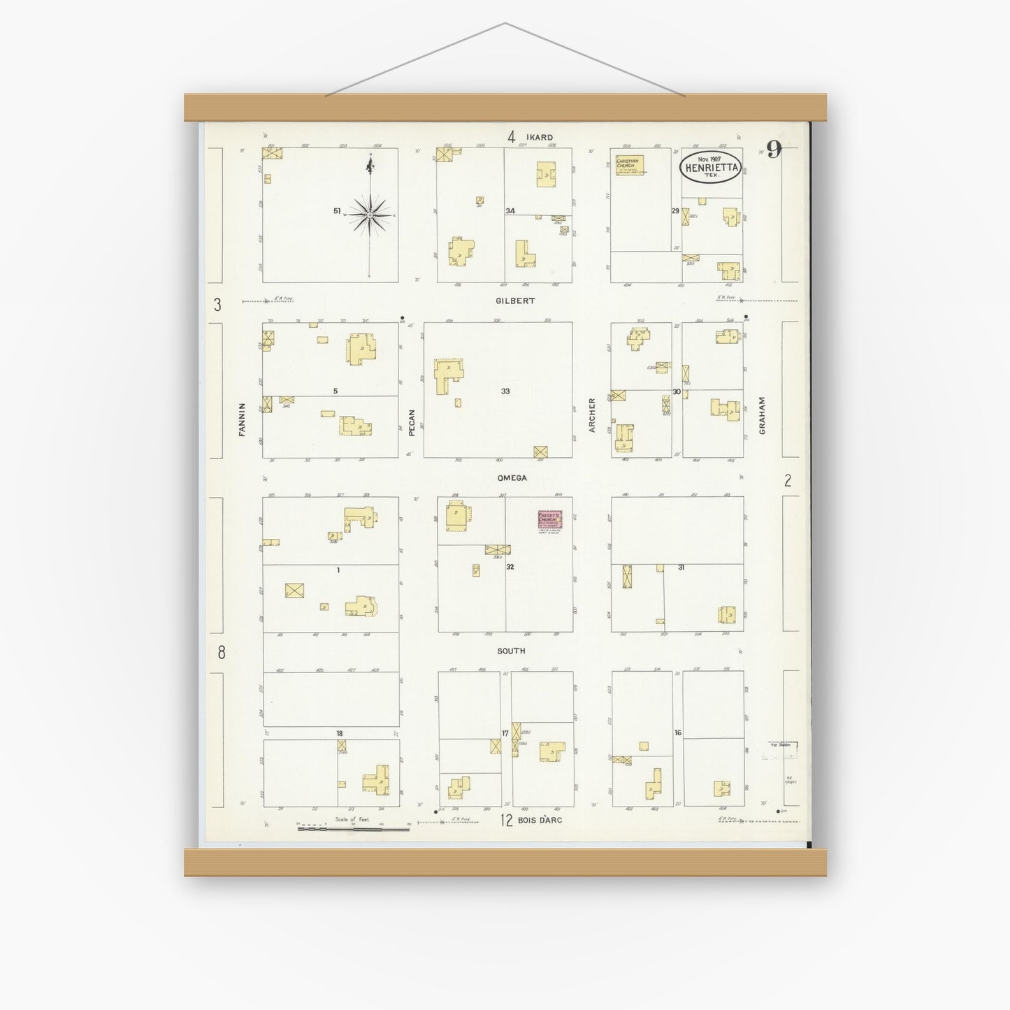Old map wall art mockup — magnetic wood frame on white wall — Sanborn Fire Insurance Map from Henrietta, Clay County, Texas (1907), Sheet #0009