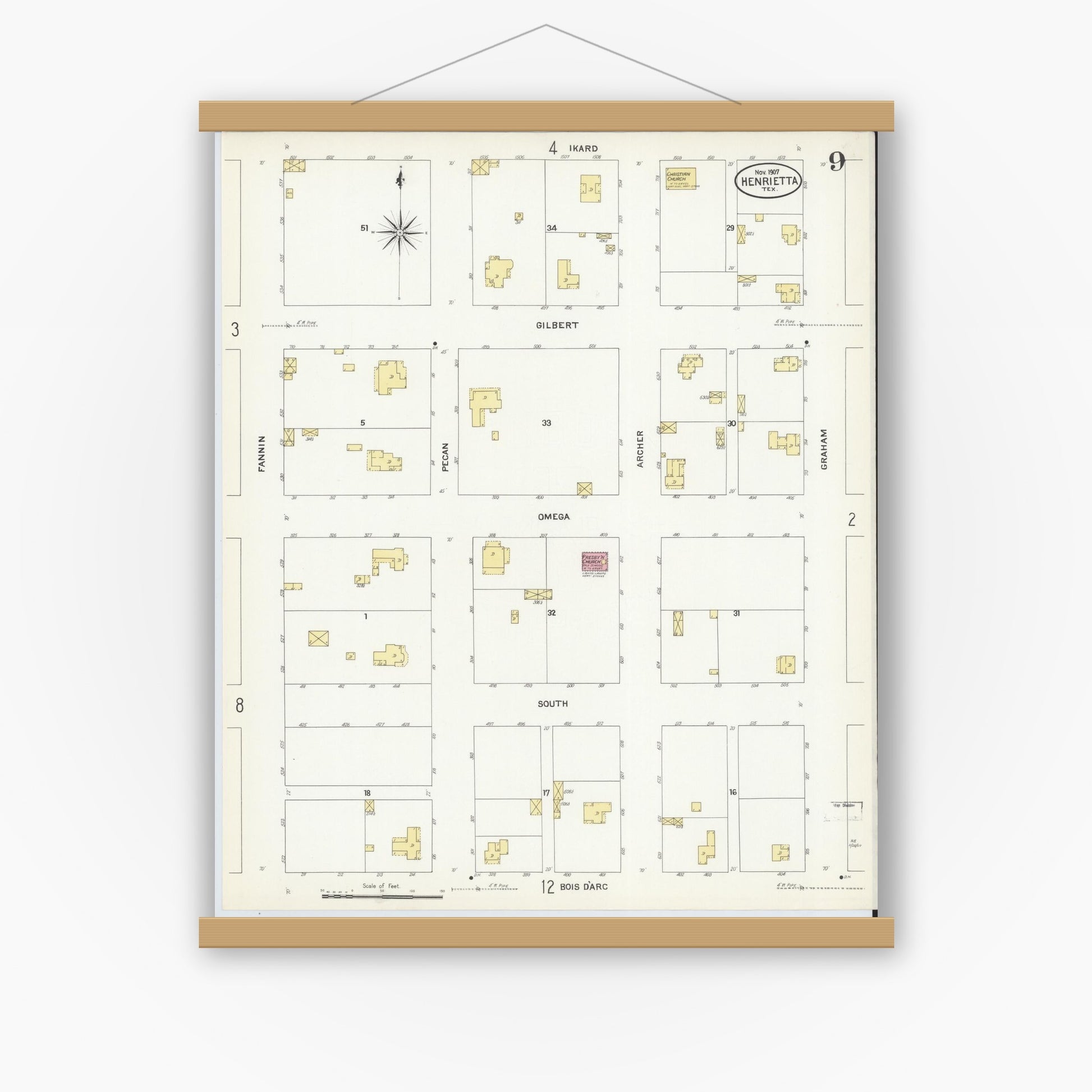 Old map wall art mockup — magnetic wood frame on white wall — Sanborn Fire Insurance Map from Henrietta, Clay County, Texas (1907), Sheet #0009