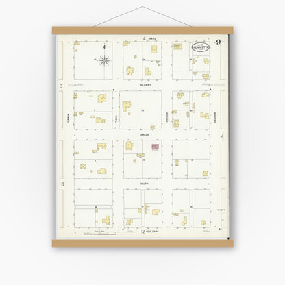 Old map wall art mockup — magnetic wood frame on white wall — Sanborn Fire Insurance Map from Henrietta, Clay County, Texas (1907), Sheet #0009
