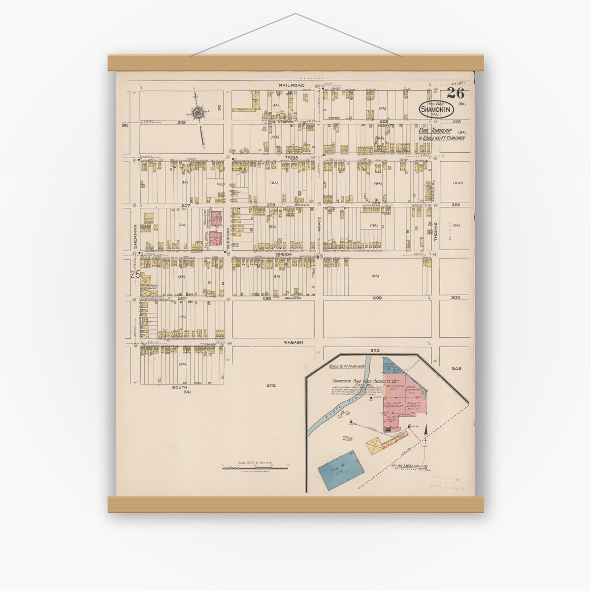 Old map wall art mockup — magnetic wood frame on white wall — Sanborn Fire Insurance Map from Shamokin, Northumberland County, Pennsylvania (1922), Sheet #0026