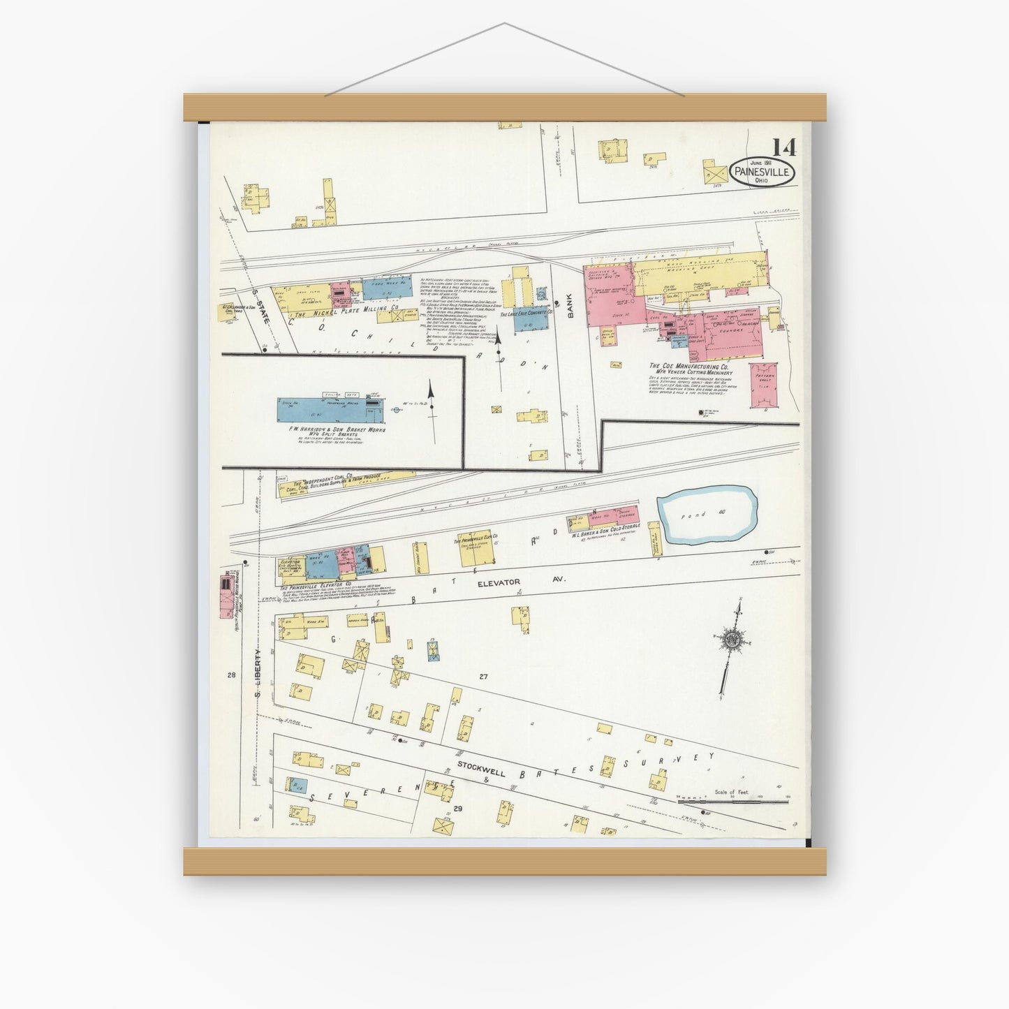Old map wall art mockup — magnetic wood frame on white wall — Sanborn Fire Insurance Map from Painesville, Lake County, Ohio (1911), Sheet #0014